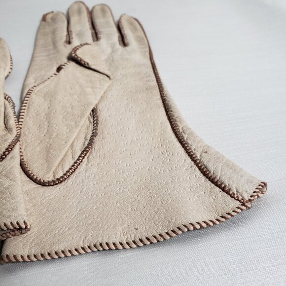 Vintage Leather Driving Gloves Beige with Brown Stitching Small Leather Driving - Picture 4 of 6